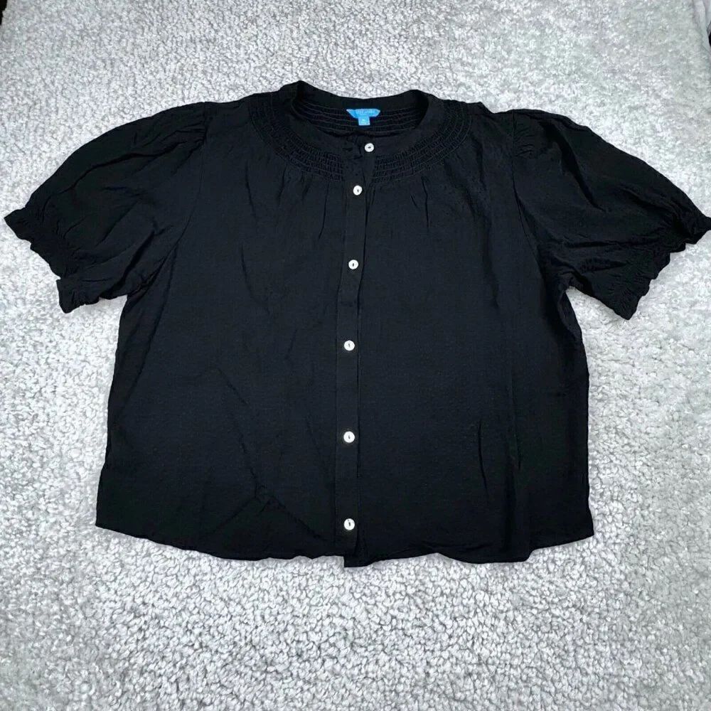Draper James RSVP Elbow Sleeve Button Front Top Black